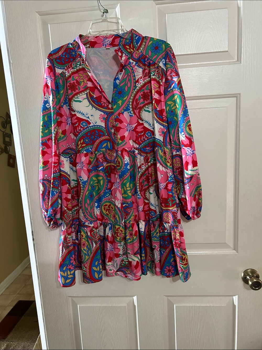 Bright Pink Paisley Print Long Sleeve Tiered Dress